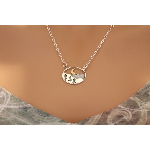 Silver Oval Mountain Pendant with Trees and Moon Necklace - Picture 6 of 6